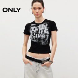 ONLY 2026秋季新款显瘦罗纹复古斑驳字母印花短款短袖上衣T恤女