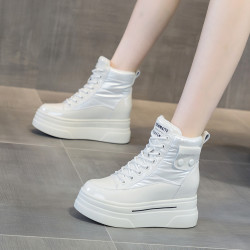真皮高帮鞋子女冬季保暖棉鞋厚底内增高女鞋8CM百搭休闲鞋小码32