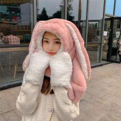 兔子围巾帽子一体女秋冬百搭毛绒围脖手套三件套可爱冬天保暖