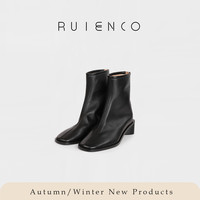RuienCo.法式及简风短靴 弹力混种羊皮舒适百搭中跟粗跟中筒裸靴