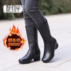 相伴 真皮长靴女保暖牛皮新款粗跟高筒靴秋冬女靴51493