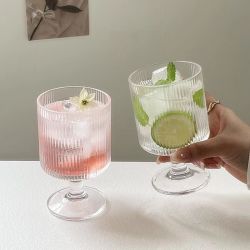 高颜值微醺加厚竖条纹果汁杯甜品高脚杯喝水杯子竖纹红酒咖啡杯子