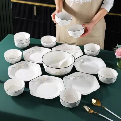 甜蜜蜜28件套六角盘中式家用高温陶瓷创意碗碟盘餐具套装