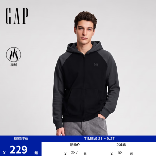 Gap 男女装秋logo刺绣连帽开衫加绒宽松卫衣1SS623706 黑色 L (175/96A) 亚洲尺码