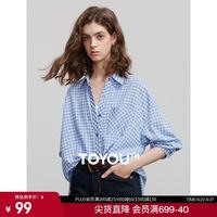 初语 棉感格纹长袖衬衫女2025春季复古衬衣翻领上衣薄款外套 蓝白格 M