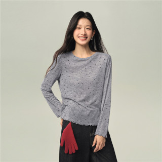 佐丹奴 设计师款佐丹奴2026秋冬波点印花木耳卷边圆领长袖T恤女18326715