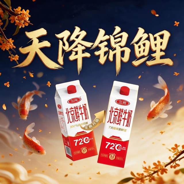 中秋团圆、天降锦鲤：三元 北京鲜牛奶 950ml*3盒