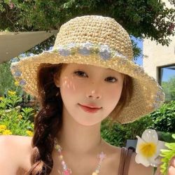 薄荷曼波花朵渔夫帽夏季海边沙滩度假遮阳帽檐草帽可折叠防晒帽子