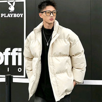 PLAYBOY 短款棉服男冬季棉衣男立领加厚保暖面包服外套百搭棉袄 米白 XL