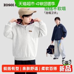 ZOSEE 童装男童连帽卫衣秋季儿童2026新款男孩半拉链格纹拼接套头衫