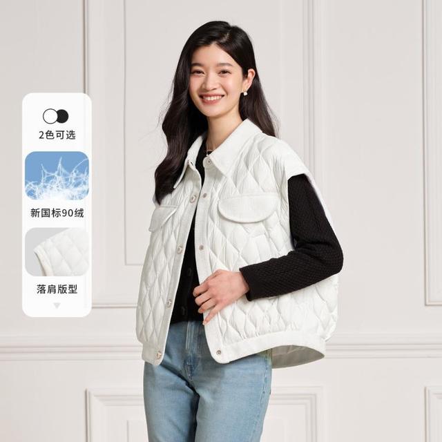 坦博尔 拼接翻领菱格小香风羽绒马甲女短款宽松高级感减龄时尚秋冬外套潮