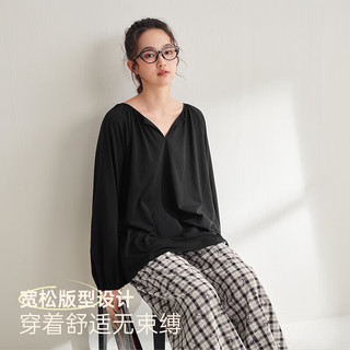 安之伴 100%纯棉 V领格纹 黑色 S码 女士睡衣套装