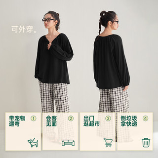 安之伴 100%纯棉 V领格纹 黑色 S码 女士睡衣套装