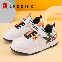 ABCKIDS ABC KIDS男童板鞋秋季皮面拼色魔术贴中小童男孩防滑校园休闲儿童板鞋 白绿色 27