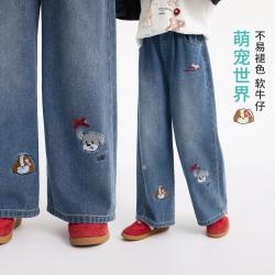 茵曼 女童阔腿裤秋装青少年萌趣卡通小狗直筒牛仔裤