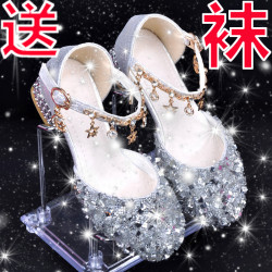闪亮晶晶银粉色女童公主高跟鞋搭扣一字扣3-4-5-6-7-8-9-12岁宝宝