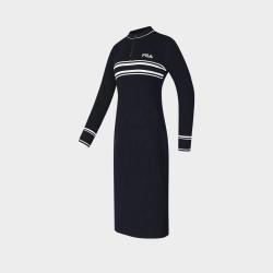 FILA 女装连衣裙女士休闲时尚立领半拉链修身简约编织长袖连衣裙