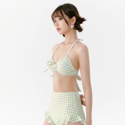 型盛 泡温泉新款泳衣女比基尼ins风性感格子钢托聚拢显瘦遮肚度假分体