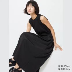 优衣库 拼接收腰连衣裙/无袖/加长款优衣库女装裙子百搭482983