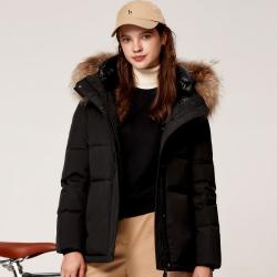 哈吉斯 中长款连帽羽绒服秋冬女装时尚保暖休闲外套