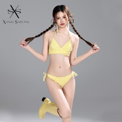 型盛 分体游泳衣女三件套比基尼性感显白显瘦黄色纯欲沙滩度假泳装