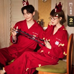 宫蝶 迪士尼玛丽猫红色情侣睡衣女长袖春秋新婚家居服男