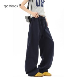 QOTRIOCK 美式藏青色休闲裤男女秋季cleanfit重磅宽松垂感卫裤直筒运动长裤