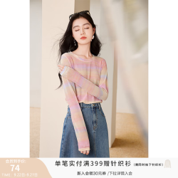 香影 xiangying）水墨晕染网纱t恤女2026秋季新款圆领灰色防晒衫长袖薄款上衣 粉红X843019 M