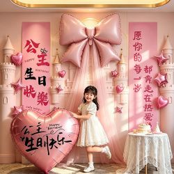 寻年味 韩系粉色大蝴蝶结纱幔生日布置女孩10周岁气球背景氛围感派对装饰