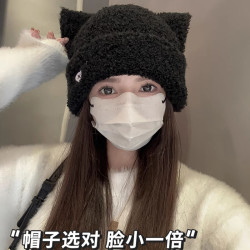 可爱猫耳针织帽子女秋冬爱心毛绒帽宽松保暖包头护耳毛线帽显脸小