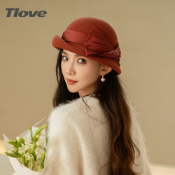 TLOVE 9527+新款时尚出游逛街蝴蝶结钉珠装饰纯羊毛礼帽