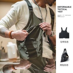 马登 工装日系复古多口袋无袖尼龙马甲背心户外机能两用挎包外套男