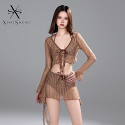 型盛 分体游泳衣三件套女蕾丝性感保守遮肉防晒温泉海边比基尼度假
