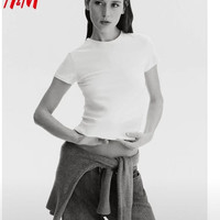 H&M 女装T恤夏季时尚洋气内搭休闲圆领修身短袖简约风T恤1260200