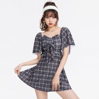 型盛 复古格纹连体裙式平角200斤加肥大码泳衣胖mm温泉女遮肚显瘦泳装