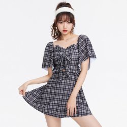 型盛 复古格纹连体裙式平角200斤加肥大码泳衣胖mm温泉女遮肚显瘦泳装