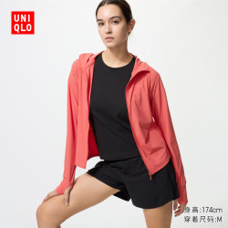 优衣库 AIRism高弹力防紫外线拉链连帽开衫女装实测UPF100+483281 14 玛瑙红色