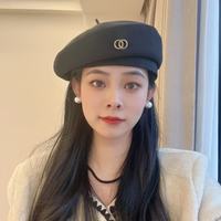 帽子字母 双环双圈贝雷帽女式百搭韩版潮英伦复古画家帽网红帽