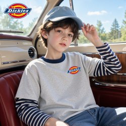 Dickies 男童假两件长袖t恤薄款2026新款春秋款儿童打底衫秋装上衣