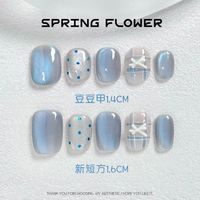 百亿补贴：韩式ins纯手工穿戴甲2026高级感短款蓝色波点猫眼美甲片