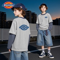 Dickies 儿童假两件长袖t恤春秋款2026新款打底衫秋装男童纯棉衣服