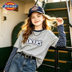 Dickies 女童假两件长袖t恤2026新款春秋薄款儿童纯棉衣服女孩秋装