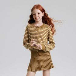 ELLE kids 秋装羊毛混纺条纹圆领毛衣开衫女童美拉德风舒适针织衫外套