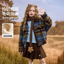ASK junior ask儿童外套2026秋冬新款女童翻领撞色格纹毛呢外衣保暖上衣