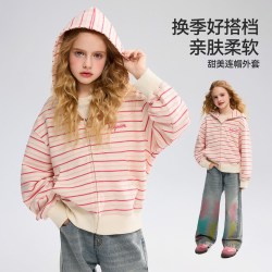 ASK junior ask儿童秋装连帽卫衣女童外套2026春秋季新款女孩甜美条纹开衫