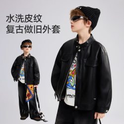 ask儿童外套2026春秋季新款男童水洗皮纹复古皮夹克中大童外衣