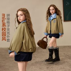 ASK junior ask儿童外套2026秋季中大童翻领拼接格纹夹克上衣女童潮流童装