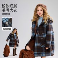 ASK junior ask儿童外套女童2026秋冬新款大童女孩格纹加绒加厚保暖毛呢大衣
