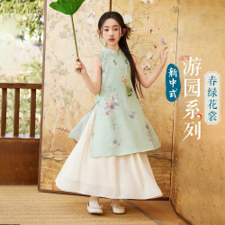 ASK junior ask女童国风连衣裙2026夏薄款中大童新中式碎花满印无袖旗袍裙