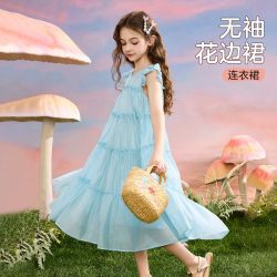 ASK junior ask女童裙子2026夏公主裙小飞袖蛋糕裙儿童连衣裙